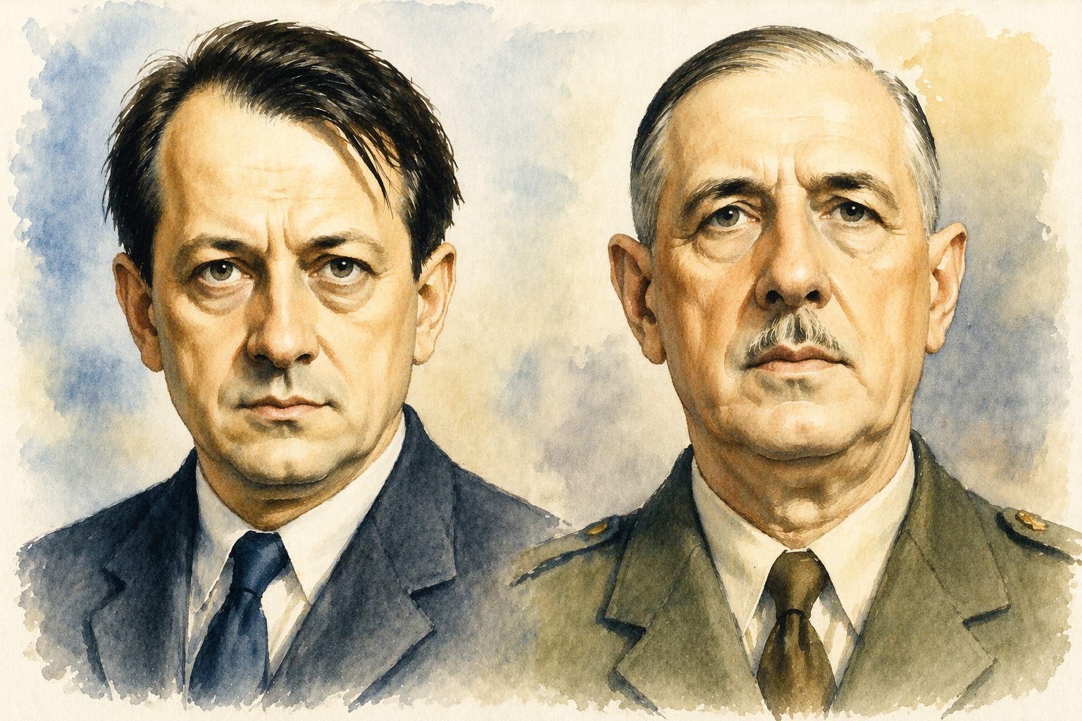 Illustration générée par intelligence artificielle, inspirée de André Malraux et Charles de Gaulle.